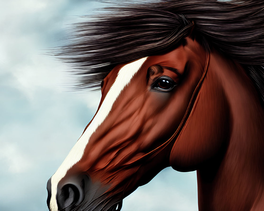 Glossy Chestnut Horse with Dark Mane on Cloudy Sky Background