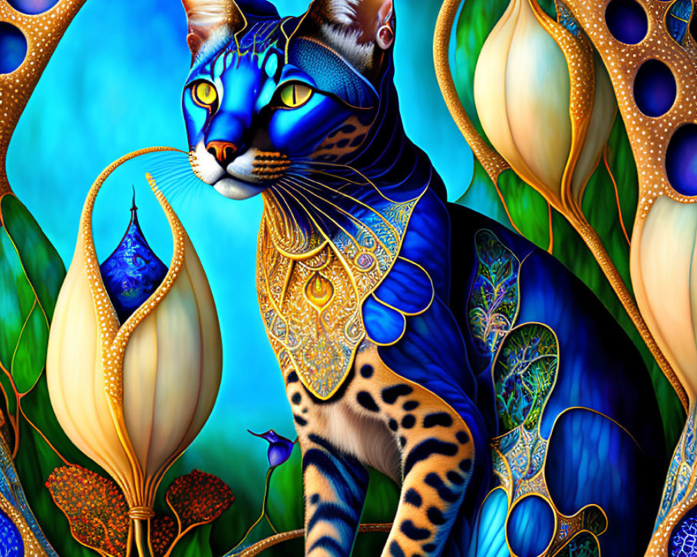 Majestic cat illustration with blue and gold patterns and intricate designs