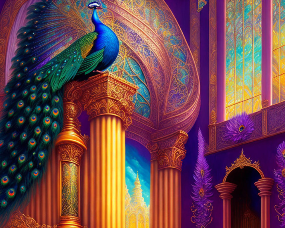 Colorful Peacock Illustration in Ornate Palace Setting