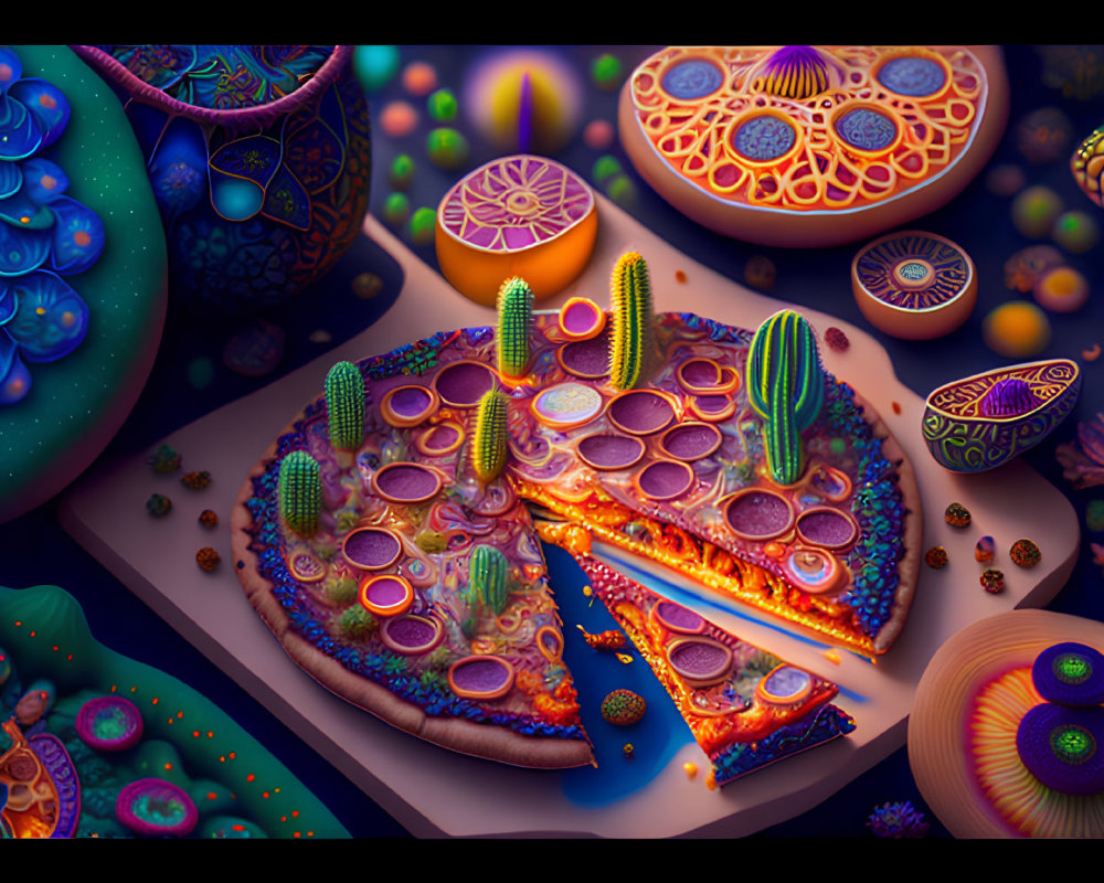 Colorful surreal illustration: pizza slices with cactus toppings in fantasy landscape