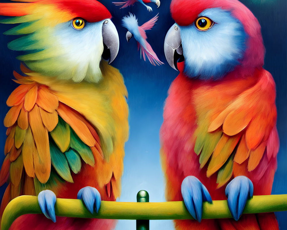 Colorful Parrots on Perch with Flying Bird in Starry Sky