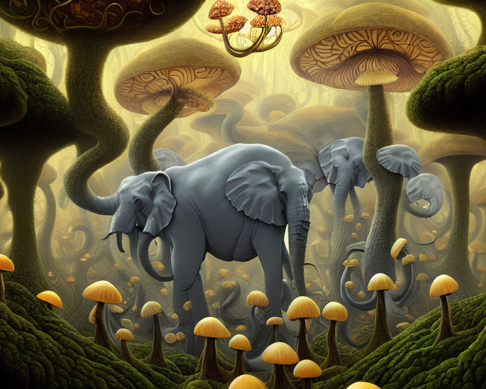 Surreal landscape with elephants and towering fungi