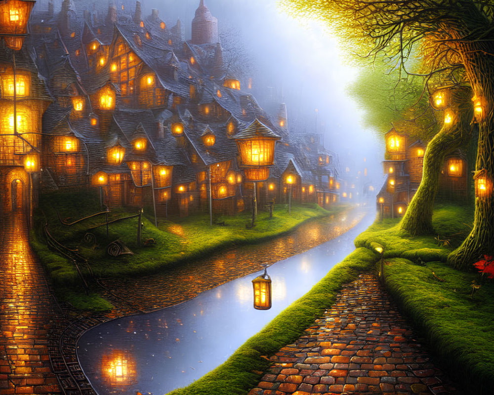 Enchanting cobblestone street with lantern-lit canal at twilight