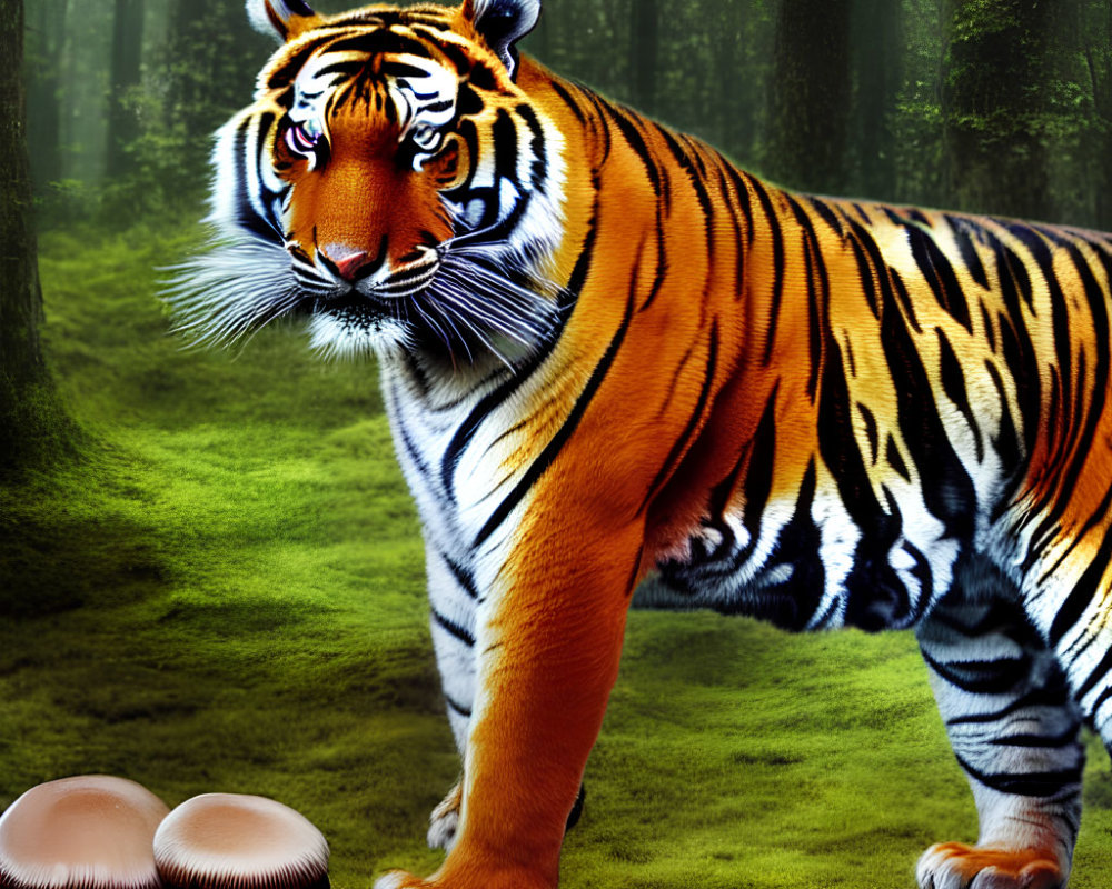 Majestic tiger in forest clearing with green trees and mushrooms