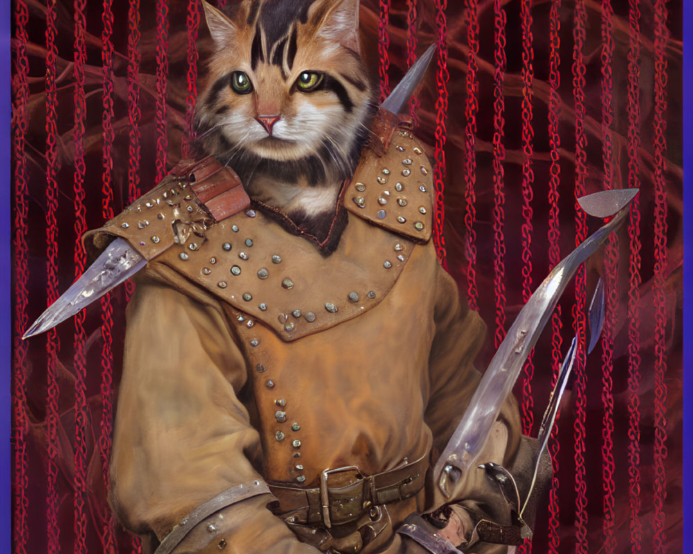 Digital artwork: Humanoid cat warrior in leather armor with swords on red chainmail background