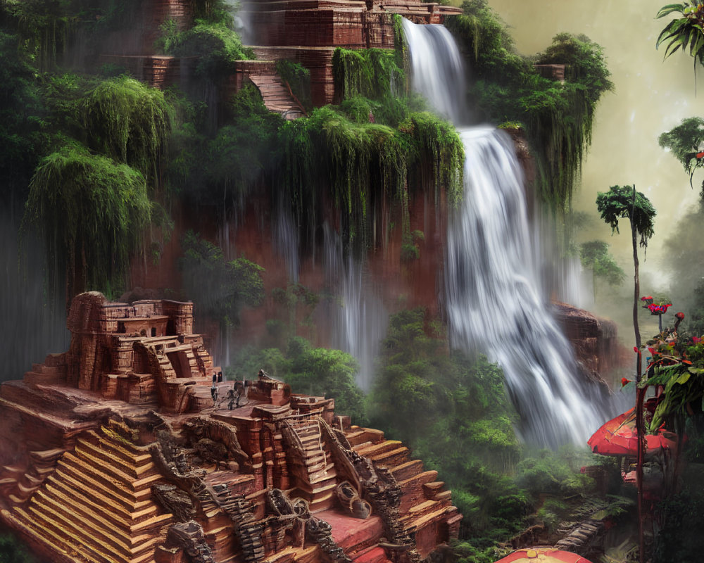 Ancient temple with waterfalls, greenery, and two individuals with red umbrellas