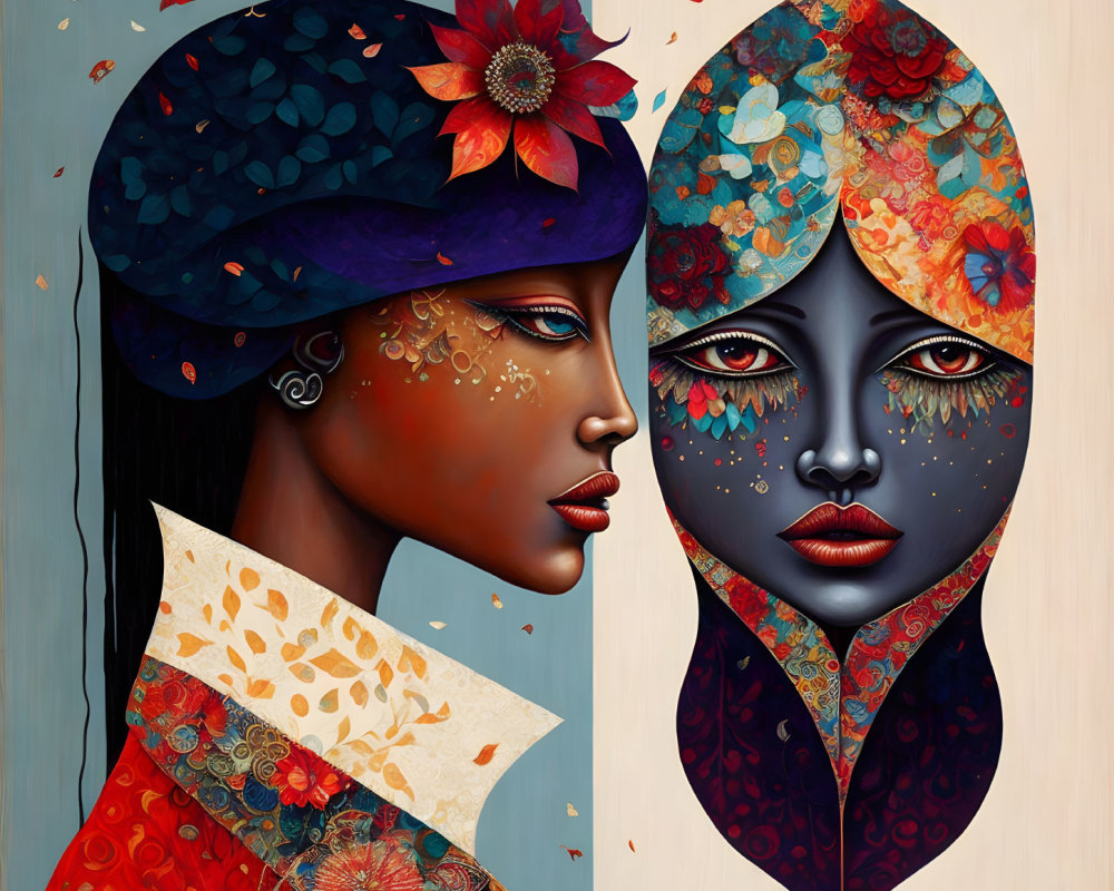 Colorful digital artwork featuring two stylized female profiles with floral patterns in a split composition.