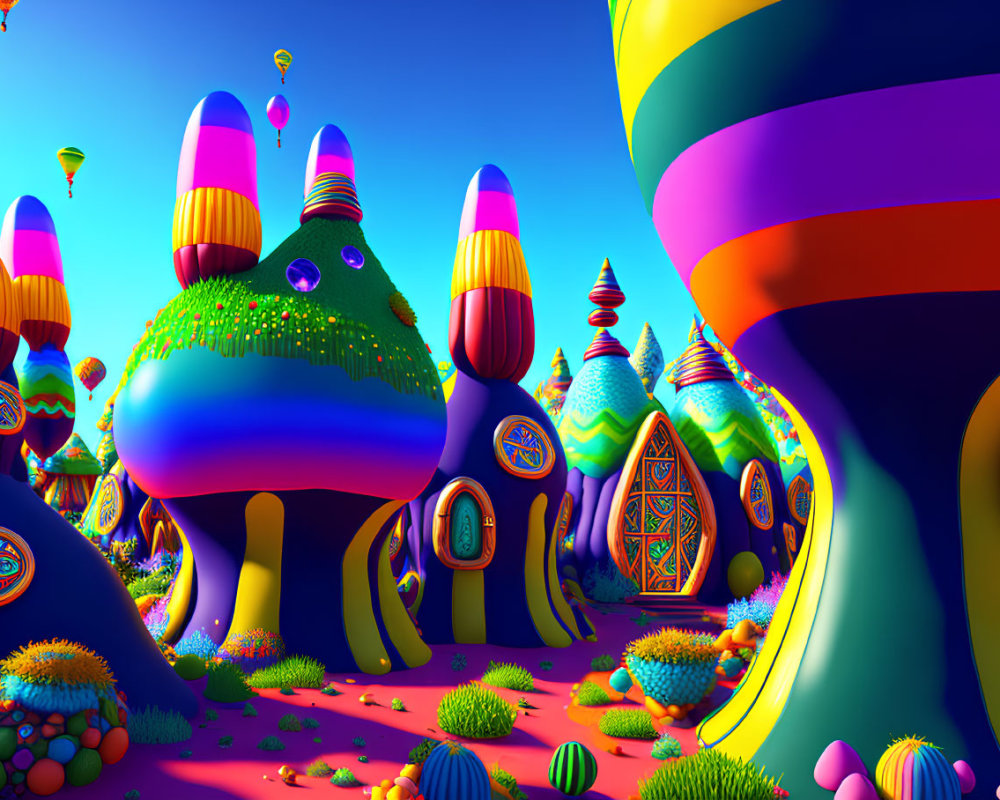 Vibrant Mushroom-Shaped Houses in Colorful Fantasy Landscape