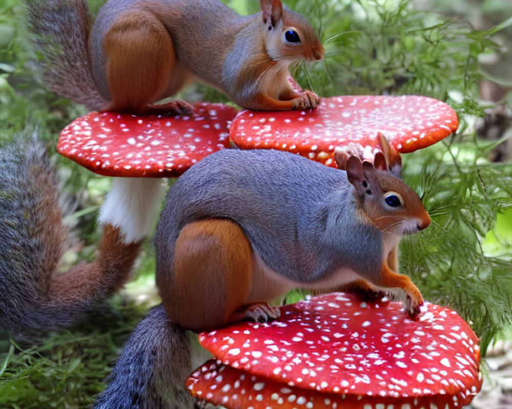 Forest scene with two squirrels on red and white mushrooms