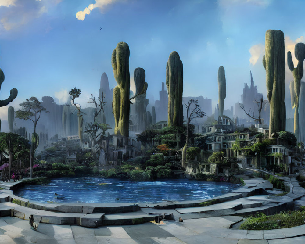 Majestic cactus landscape with vibrant flora, blue pond, and ancient ruins