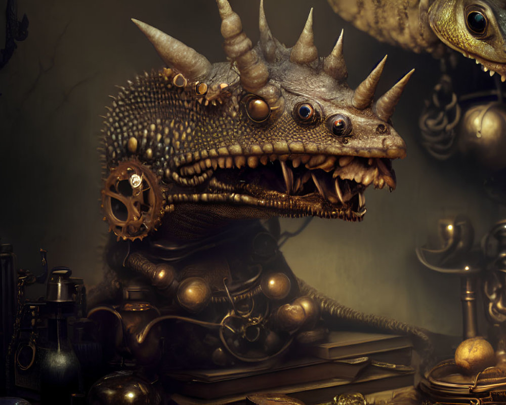 Steampunk mechanical dragon with cogwheel in dark setting