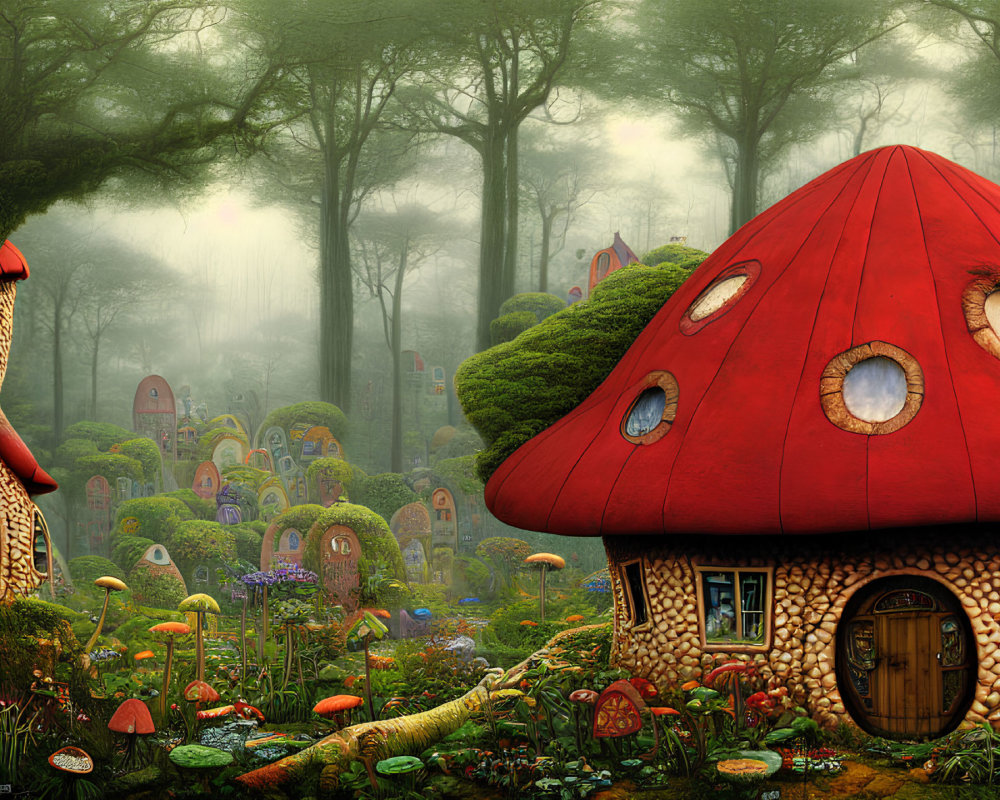 Enchanted forest scene with mushroom houses and mystical fog