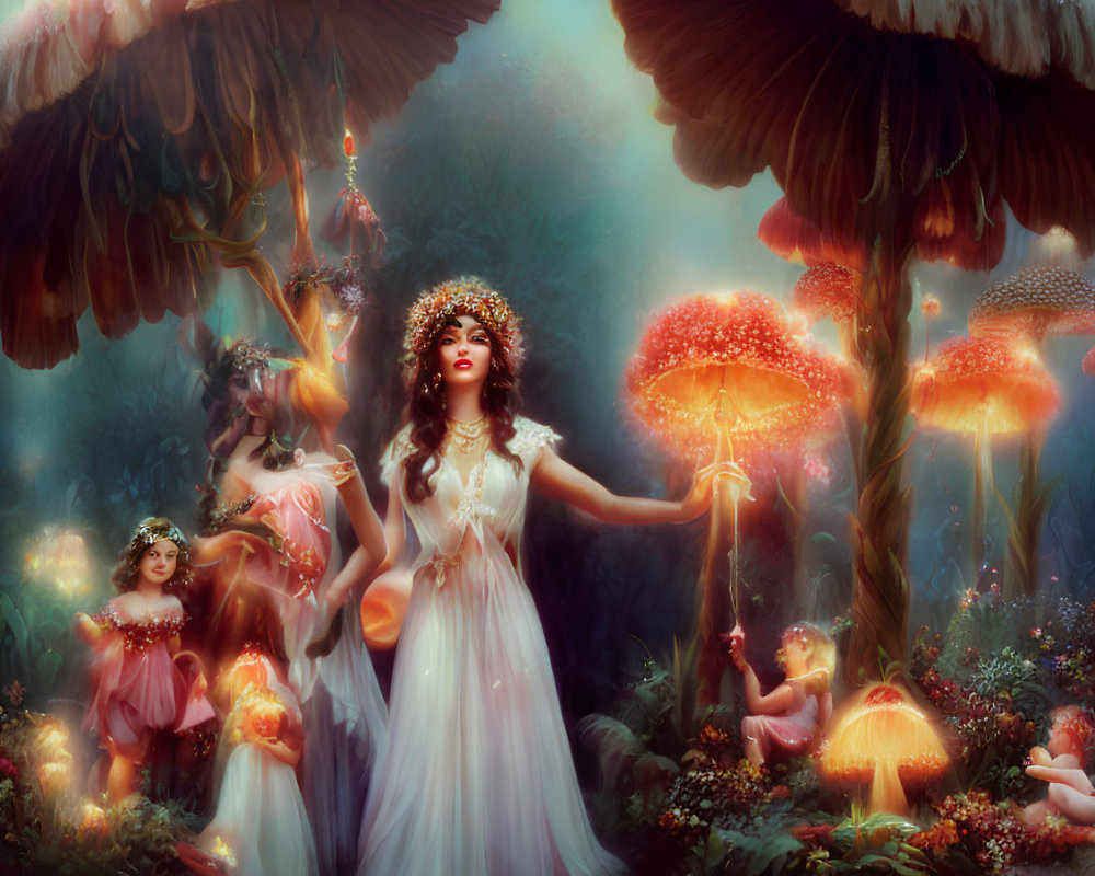 Ethereal women in a luminescent forest with giant glowing mushrooms
