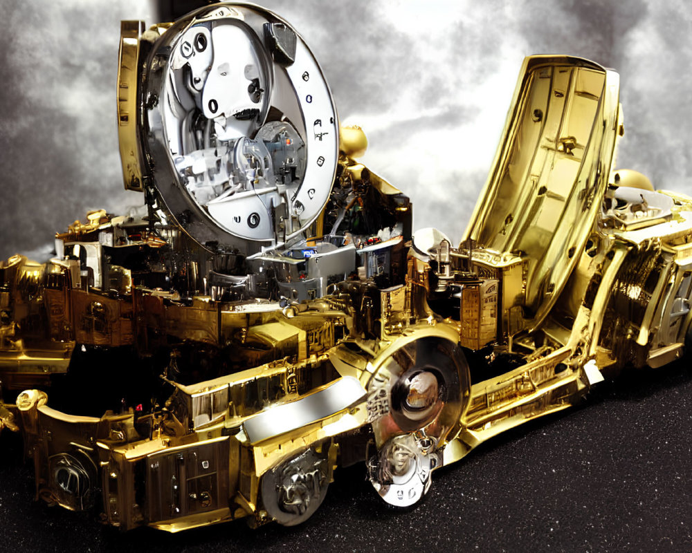 Detailed Gold and Silver Steampunk Car with Exposed Gears on Starry Background