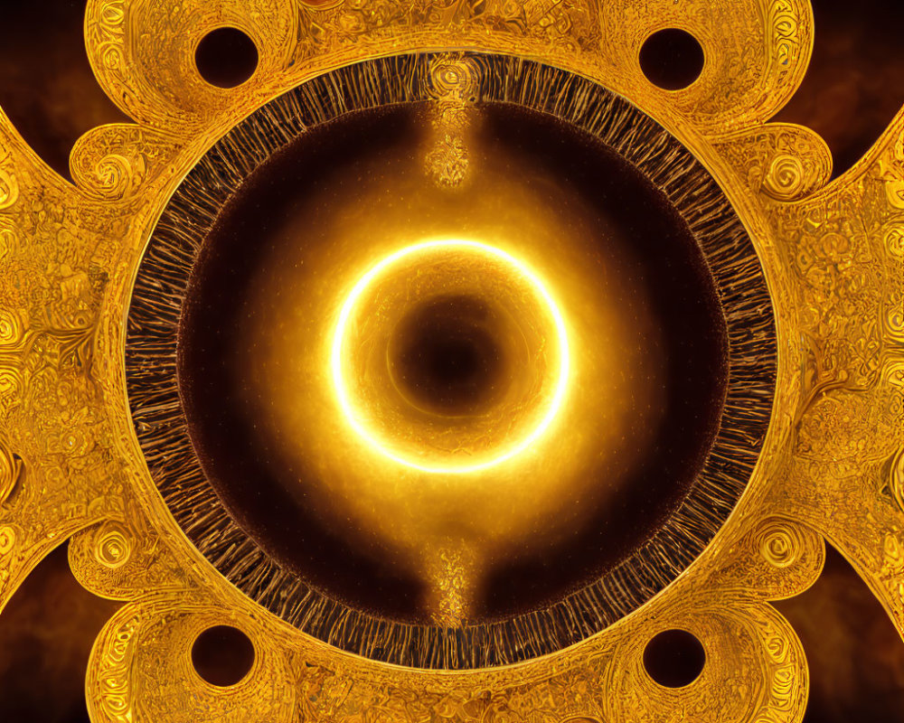 Intricate Circular Golden Mandala with Black Hole Center