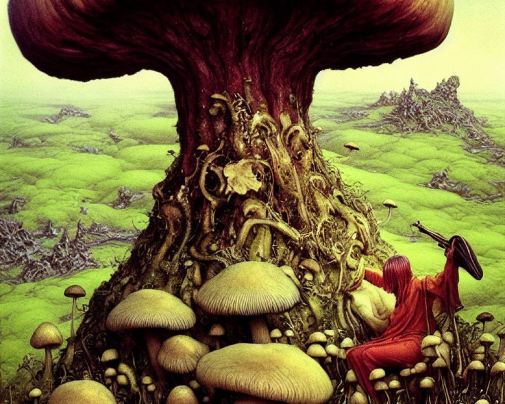 Surreal landscape with person near large mushrooms under colossal tree-shaped cloud