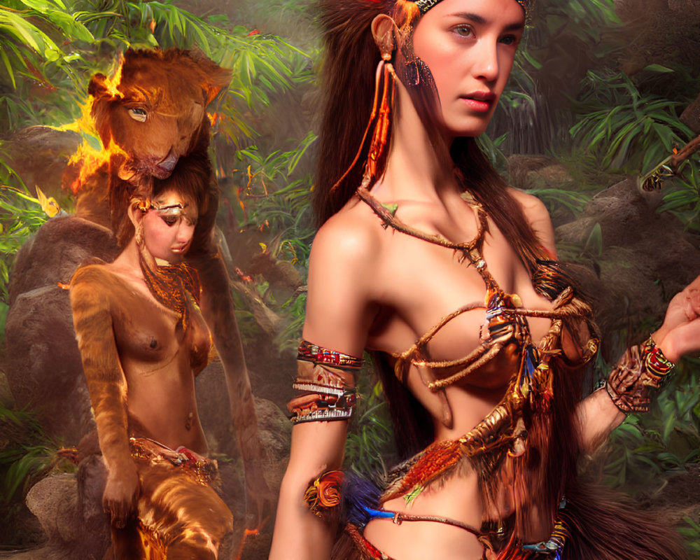 Two women in tribal attire with a tiger in a lush jungle - vibrant colors create mystical scene