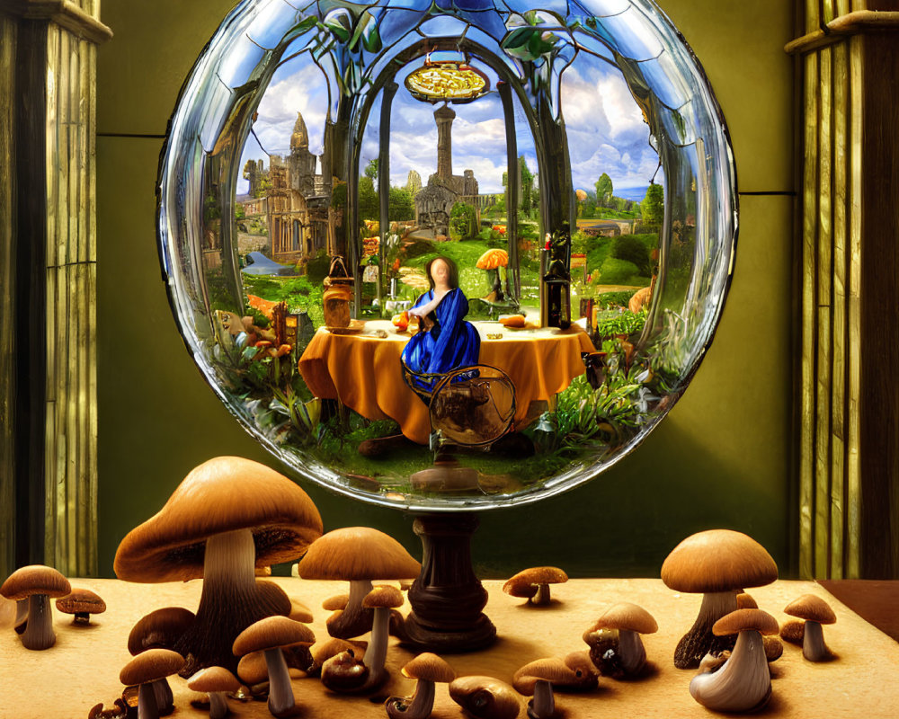 Colorful painting of person at round table with fruits, glass sphere, mushrooms, and window.