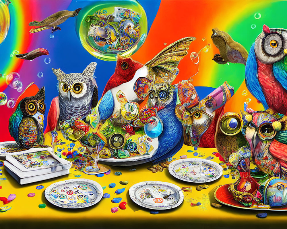 Vivid Owl Artwork with Colorful Patterns and Rainbows