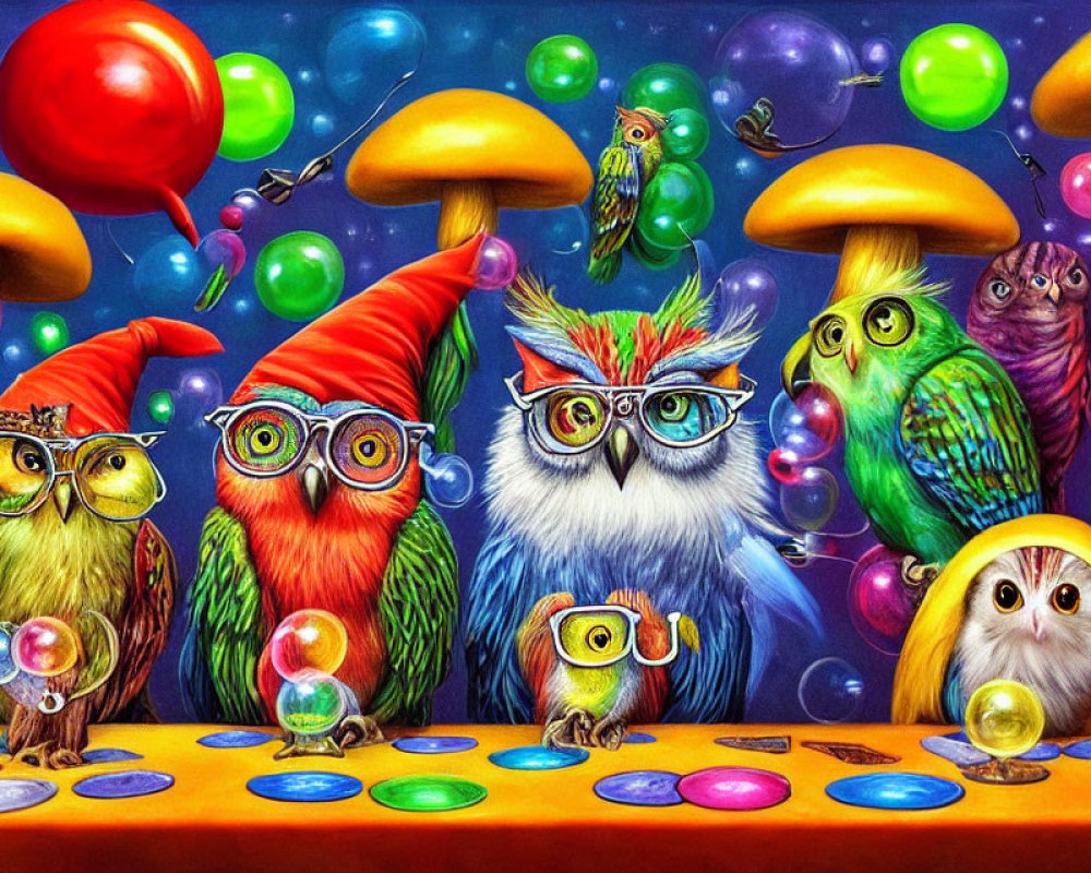 Colorful Owls with Glasses Among Mushrooms and Balloons