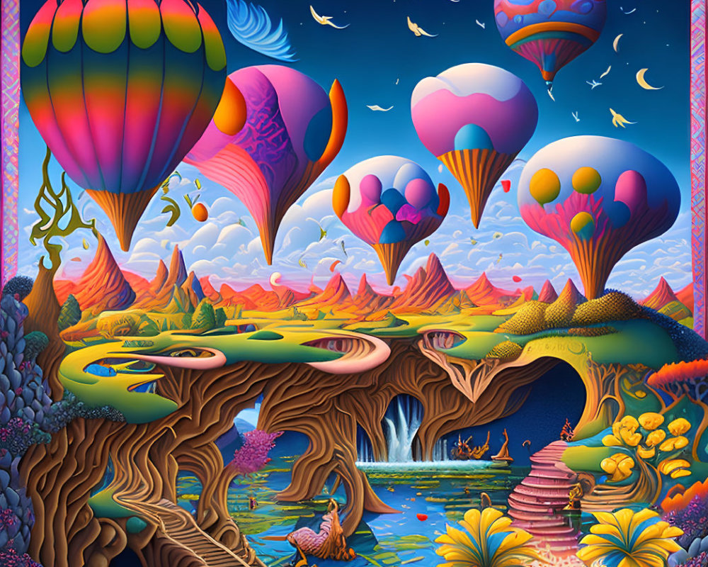 Colorful fantasy landscape with hot air balloons, river, waterfall, bridges, and starry sky.