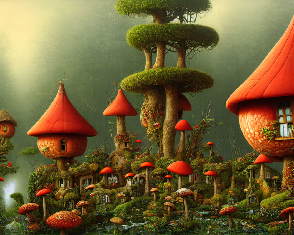 Whimsical forest village with treehouses and mushroom cottages nestled in vibrant flora