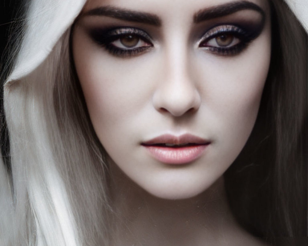 Intense smoky eye makeup on woman with pale skin and white head covering