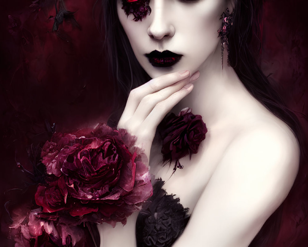 Gothic-inspired artwork of woman with red eyes and roses on deep red background