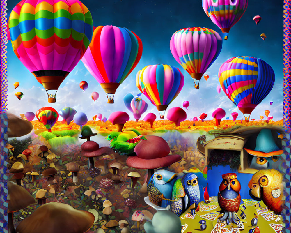 Whimsical landscape with colorful hot air balloons and cartoon owls in a tea party