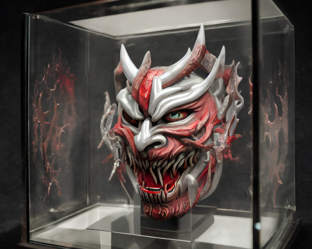 Japanese Oni Mask in Red and White Colors in Clear Case on Dark Background