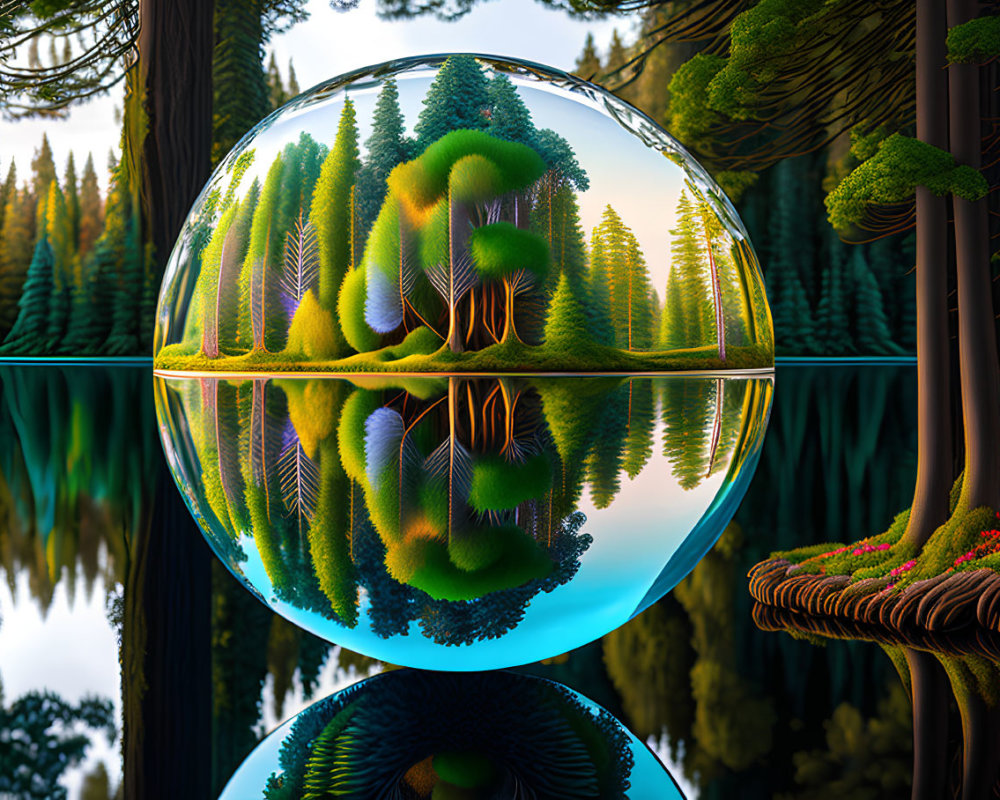 Crystal ball reflecting vibrant inverted forest scene with serene lake and towering conifers.