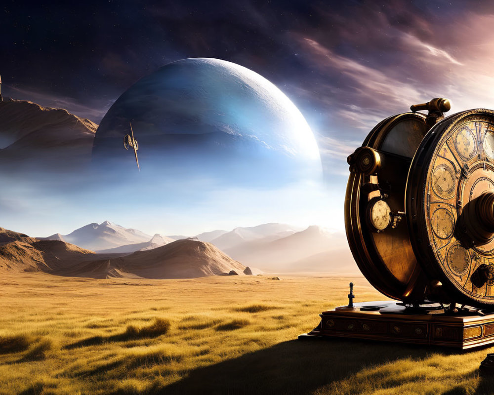 Elaborate astrolabe in fantastical landscape with golden plains and giant planet