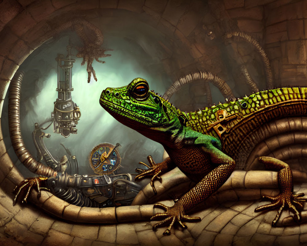 Steampunk environment with green-yellow lizard and monkey silhouette