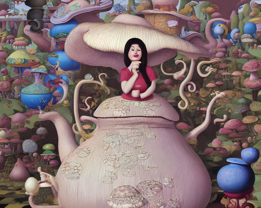 Colorful surreal landscape with mushroom motifs and woman emerging from teapot