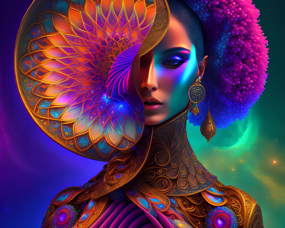 Vibrant digital portrait with patterned headdress & cosmic background