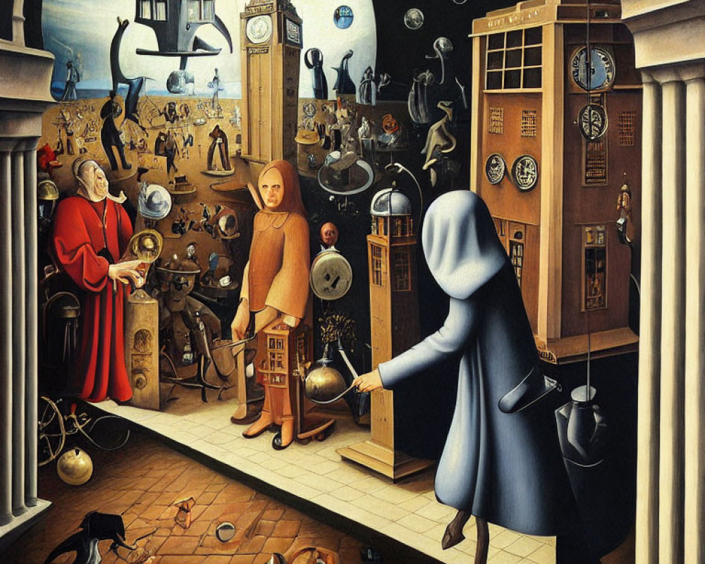 Surreal painting of figures with clocks in architectural room