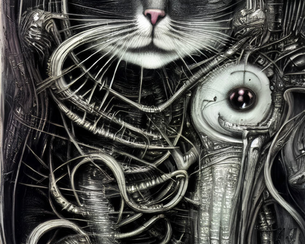 Surreal cat with intense green eyes in mechanical fusion