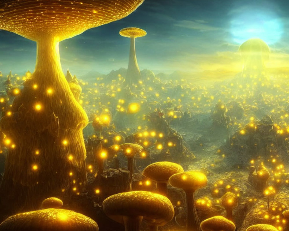 Mystical landscape with towering mushroom-shaped structures