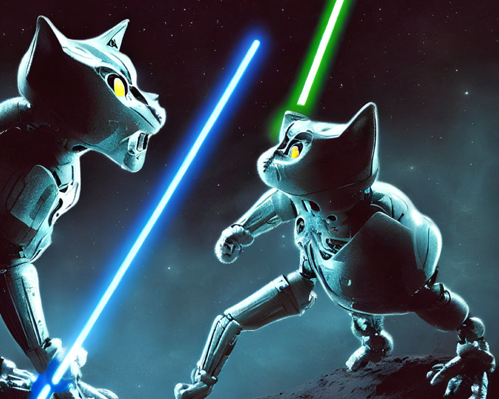 Anthropomorphic cats in space suits duel on lunar surface