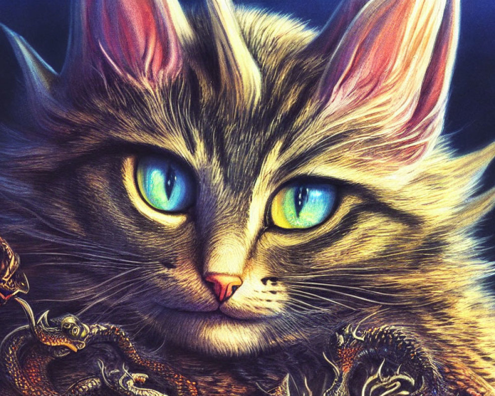 Detailed Illustration of Majestic Cat with Blue Eyes and Golden Jewelry