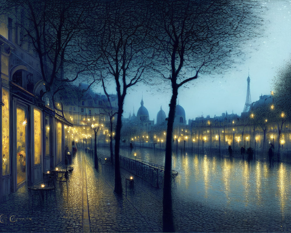 Romantic cobblestone street scene at night with glowing street lamps and Eiffel Tower in dream