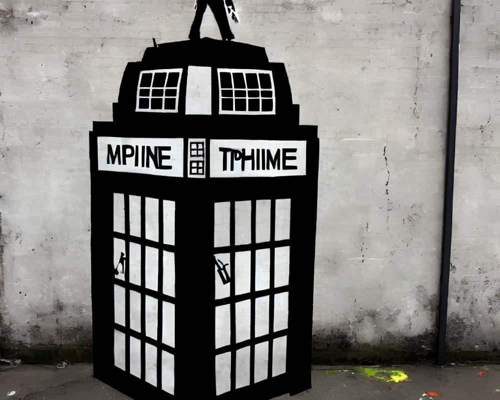 Silhouette on Stylized TARDIS-Shaped Structure with Graffiti