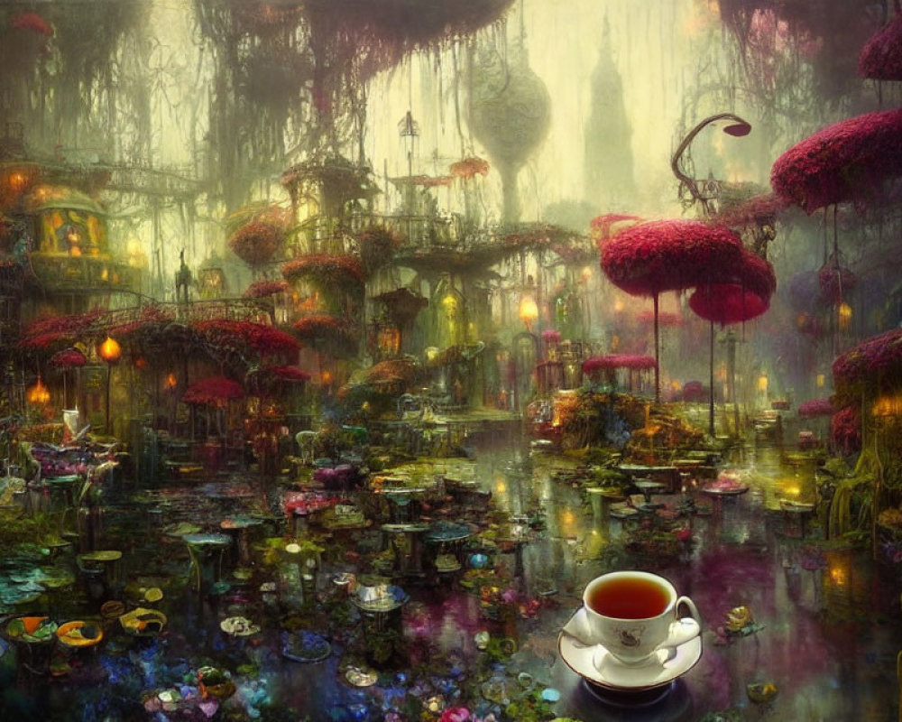 Fantasy Landscape with Oversized Mushrooms and Teacups