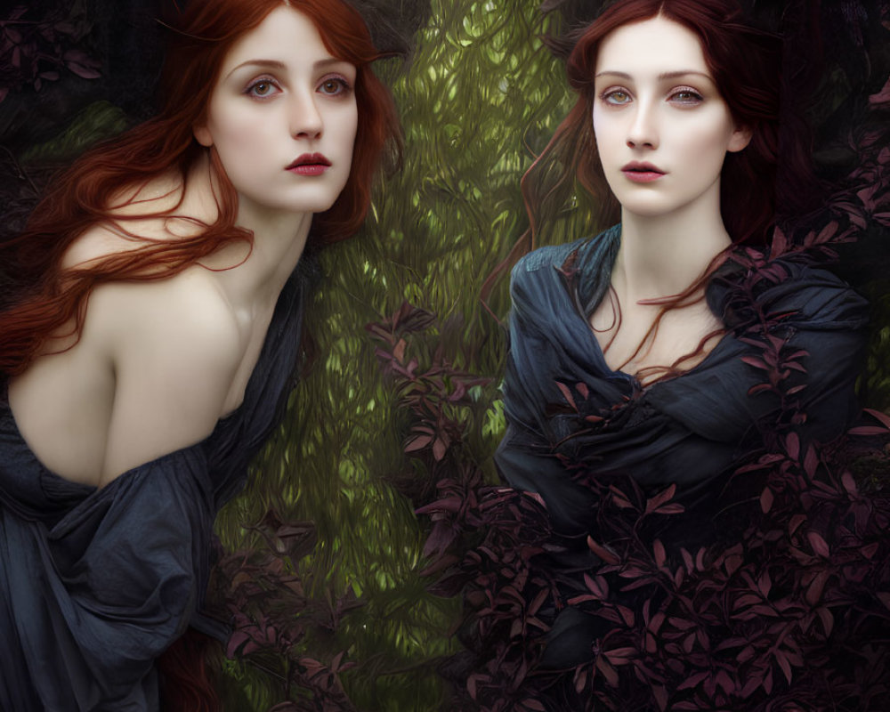 Two Red-Haired Women in Enchanted Forest with Raven and Crimson Foliage