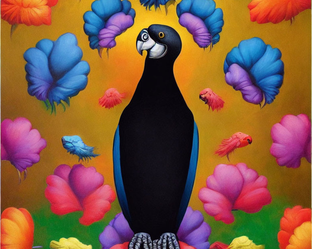 Colorful Artwork: Large Penguin Surrounded by Vibrant Birds on Gradient Background