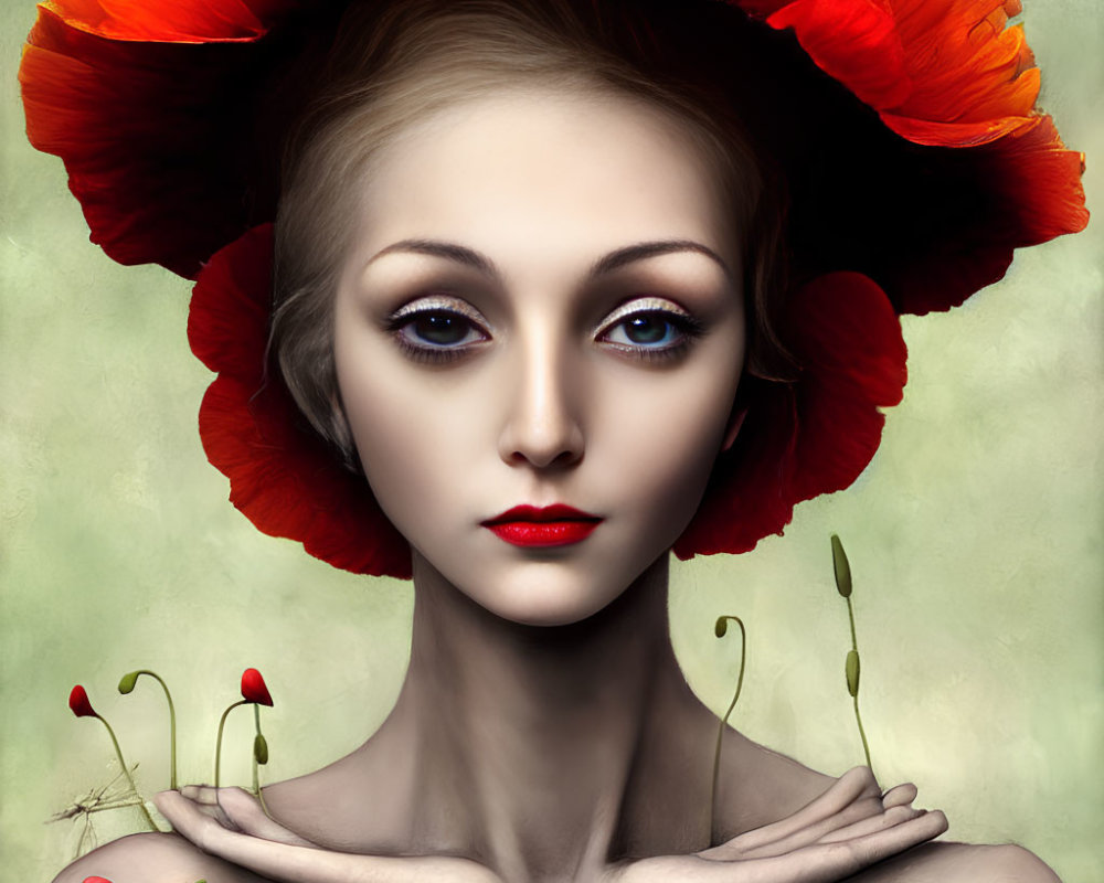 Woman with expressive eyes and poppy flower headdress holding a bloom