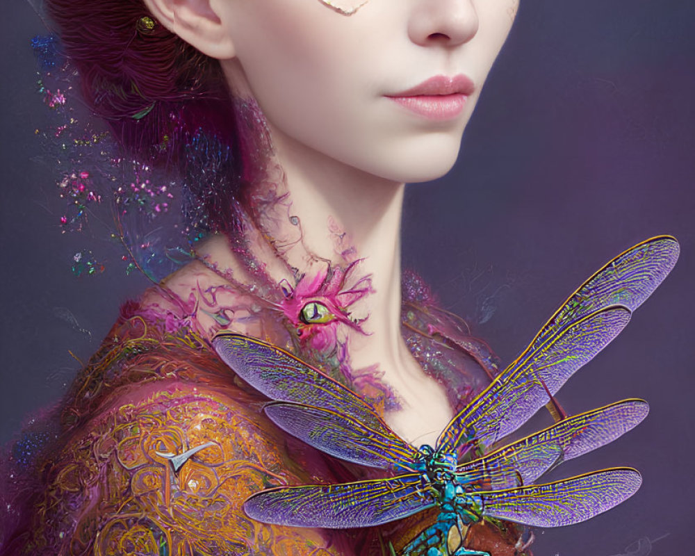 Surreal portrait of woman with dragonfly wings and vibrant flowers on purple background