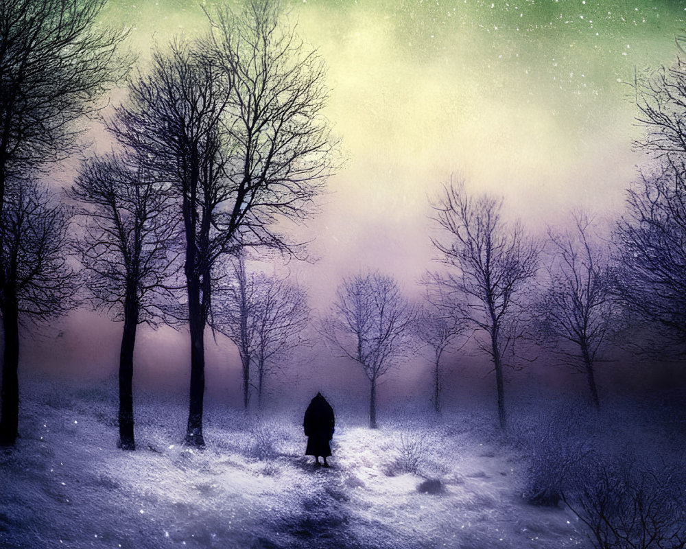 Solitary figure in snowy forest under green aurora-lit sky