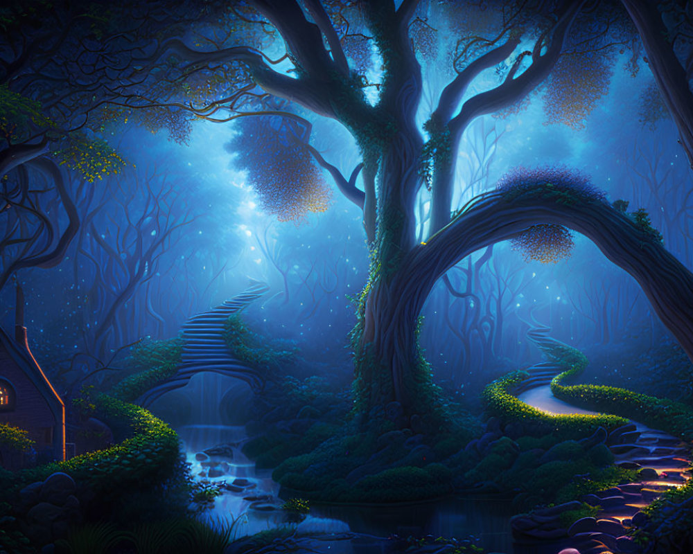 Nighttime Forest with Glowing Blue Lights, Tree Pathway, and Cozy Cottage