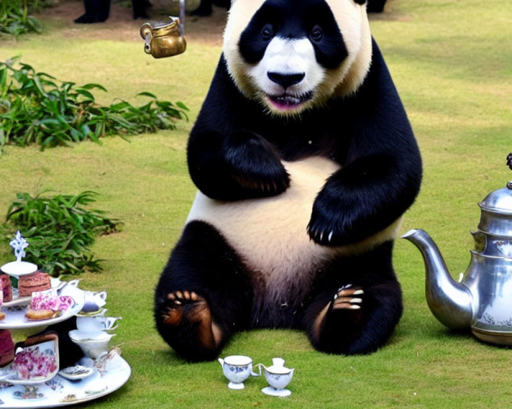 Panda with tea set on grass, pouring tea from floating teapot